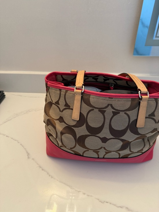 Coach Handbags - Coach Beige Signature Canvas Tote with Pink Trim and Tan Handles